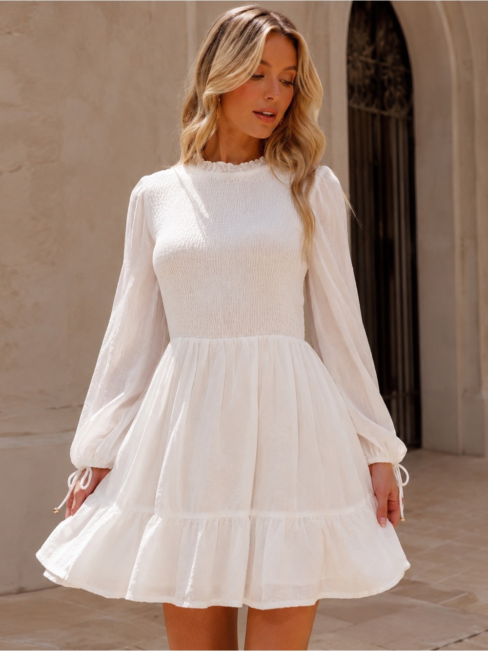 Selfie Leslie Secret Garden Long Sleeve Smocked Bodice Dress White Size XS NWT